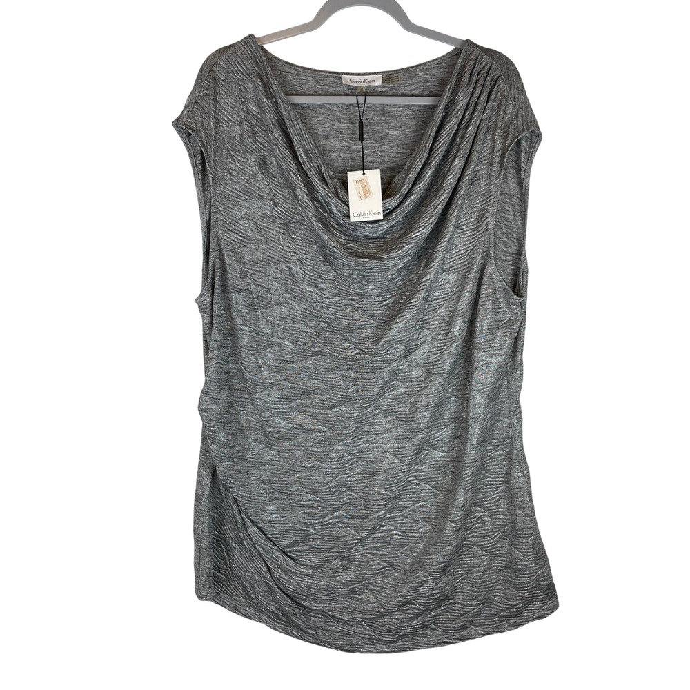 Calvin Klein Women 2X Silver Metallic Cowl Neck Textured Sleeveless Top W6IHV024
